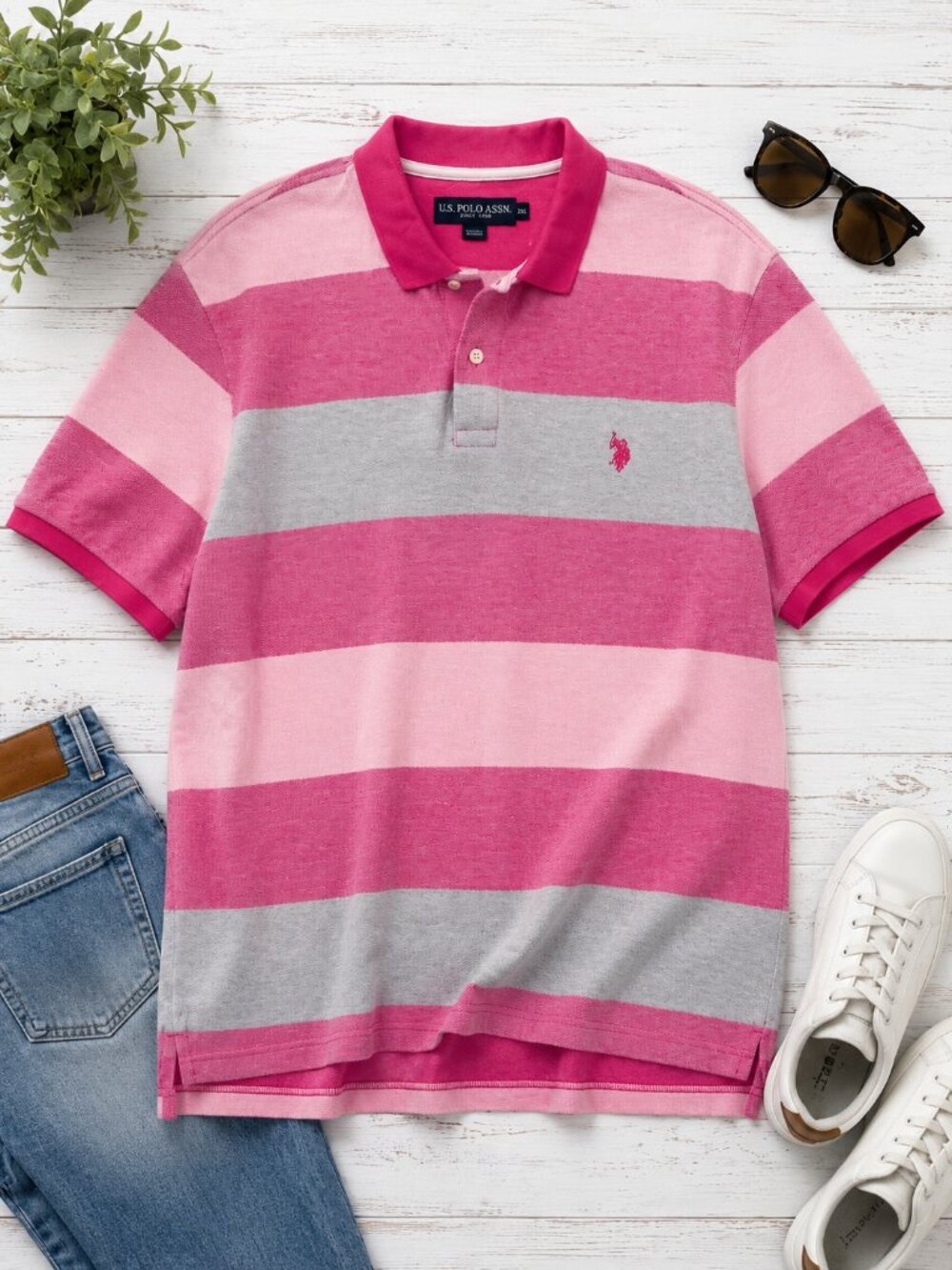 U.S. Polo Assn. Men's 2XL Pink Gray Striped Short Sleeve Polo Shirt